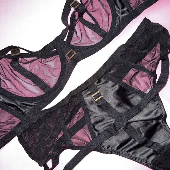 NWT BLUEBELLA unlined 36C BRA SET+M high-waist thong BLACK strappy mesh satin - Picture 2 of 6